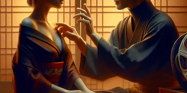 A dimly lit room with two characters in a passionate embrace, surrounded by vintage film elements and Japanese decor.