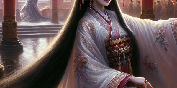 Yang Guifei in a luxurious palace, adorned in a silk gown, surrounded by opulent decor and courtly figures.