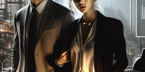 A tense modern Korean office scene featuring a determined woman and a charismatic male colleague engaged in a secretive conversation.
