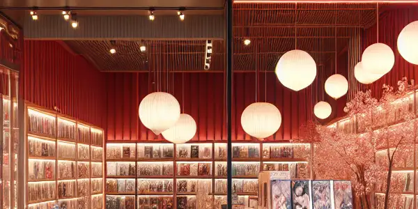 A modern adult store with tasteful products, warm lighting, and a cozy browsing area, featuring Japanese AV films.