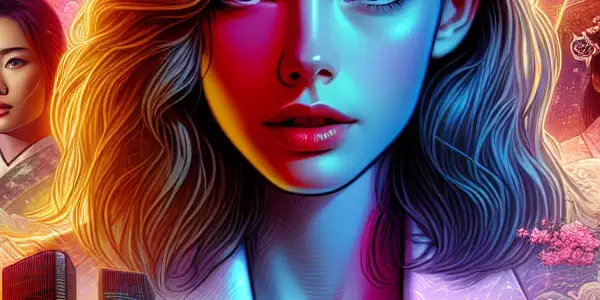 A vibrant collage featuring a charismatic actress amidst Tokyo nightlife, cherry blossoms, and cinematic elements representing Japanese adult films.