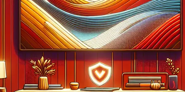 A cozy modern living room featuring a large screen displaying an abstract Japanese AV film titled "Tokyo Waves."