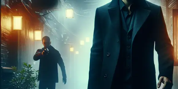 A tense night scene in a Berlin alley featuring a rugged secret agent confronting a shadowy North Korean spy.