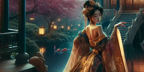 A beautiful woman in a silk gown poses flirtatiously in a vibrant Ming Dynasty garden with cherry blossoms and lanterns.