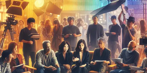 A vibrant film set with diverse filmmakers and actors showcasing passion and creativity in adult film production.