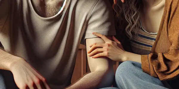 A cozy, intimate apartment scene featuring a young couple expressing affection amidst everyday struggles.