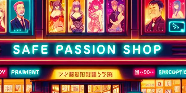 A modern adult entertainment store with neon lights, colorful film posters, and a welcoming atmosphere focused on privacy and security.