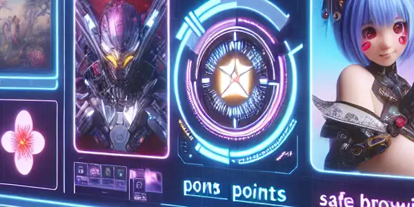 A futuristic adult entertainment platform interface showcasing diverse genres and a character engaged with safe browsing features.