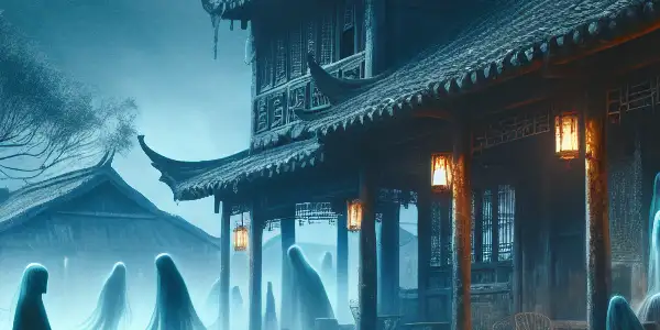 A haunting twilight scene in Fengmen village, featuring ghostly figures among a traditional house and foggy surroundings.