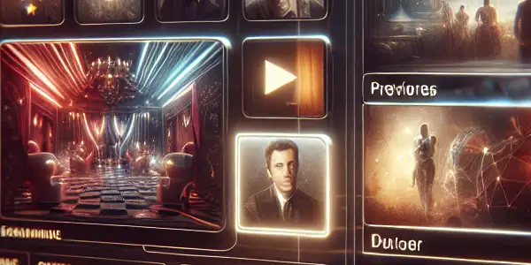 A sleek, high-tech interface of a fictional adult streaming platform in a cozy home setting.