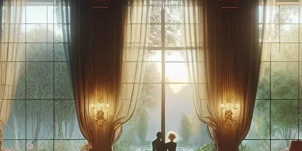 An intimate scene featuring a luxurious interior with two figures connected amidst warm lighting and a serene garden view.