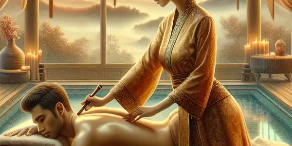 A luxurious Western-Eastern fusion spa featuring a massage therapist, intimate ambiance, and serene nature views.