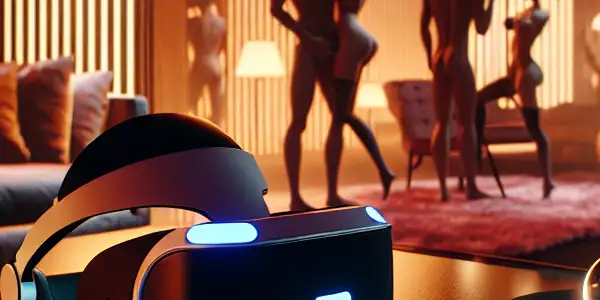 A luxurious VR adult film set featuring immersive technology and a couple in an intimate moment.