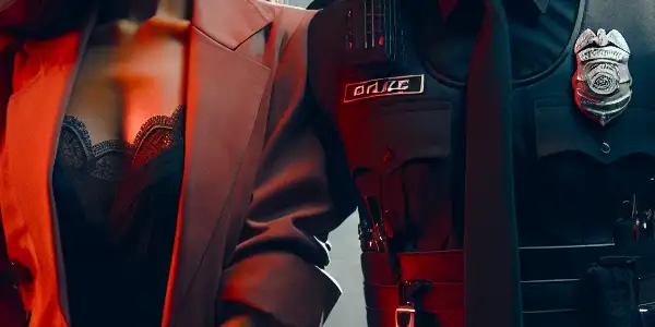 A dimly lit room featuring characters in provocative Western adult uniforms, exuding confidence and allure.