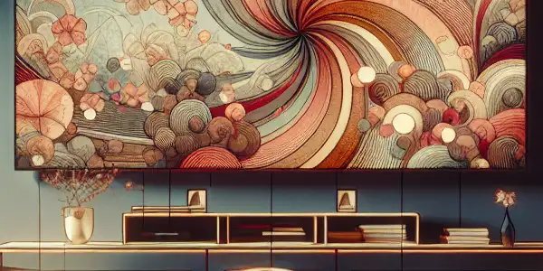 A luxurious living room with a high-definition screen displaying abstract visuals of passion, blending Western and Japanese adult film aesthetics.