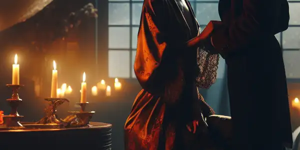 A luxurious bedroom scene with two elegantly dressed characters, romantic lighting, and a starlit window backdrop.