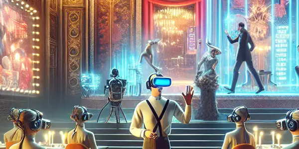 A person immersed in a luxurious VR environment, surrounded by holographic projections of interactive adult scenarios.