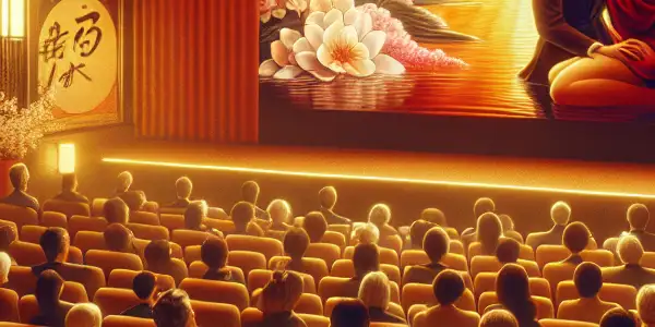 A stylish cinema interior showcasing an audience captivated by a romantic film, with hints of Japanese aesthetics.