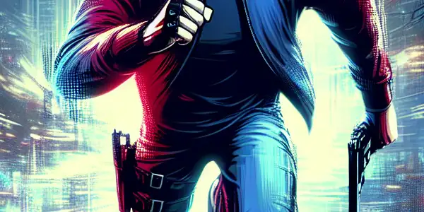 A heroic character in an intense action pose amidst a neon-lit futuristic urban landscape.