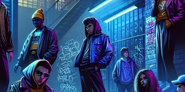 A group of diverse teens in a graffiti-filled alley, embodying rebellion and vulnerability against a vibrant urban backdrop.