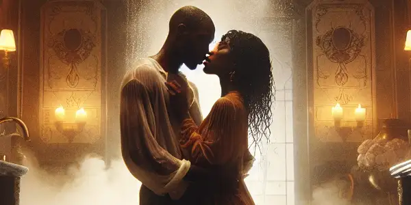 A romantic couple embraces under a luxurious rainfall shower in an elegant, steam-filled bathroom adorned with candles and rose petals.