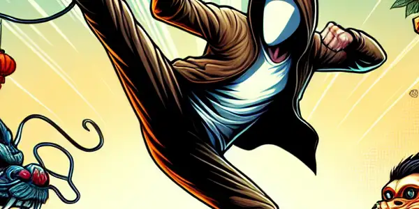 A heroic character performs a high-flying kick amidst vibrant Chinese Zodiac animals in a dynamic urban setting.<a href=