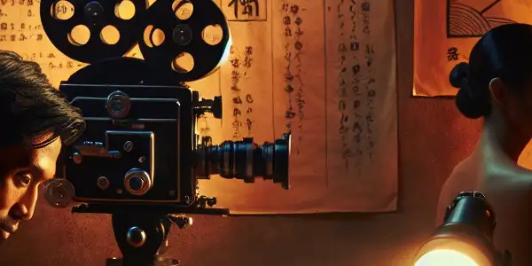 A passionate filmmaker creating a screenplay in a nostalgic, intimate setting filled with vintage film elements.<a href=