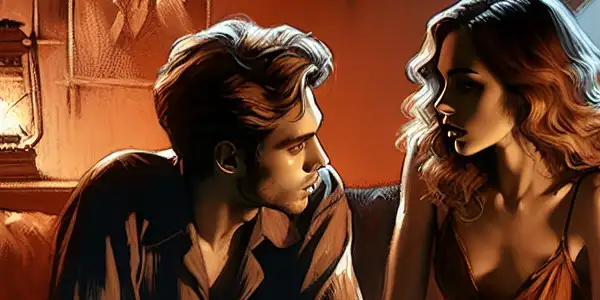 A dimly lit living room scene featuring two characters in an emotional exchange, exploring themes of desire and conflict.
