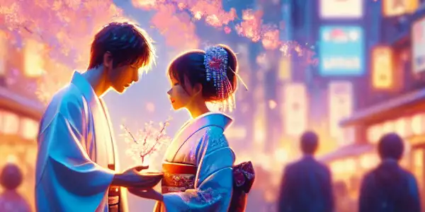 A couple in traditional attire shares an intimate moment under cherry blossoms in a twilight Tokyo setting.