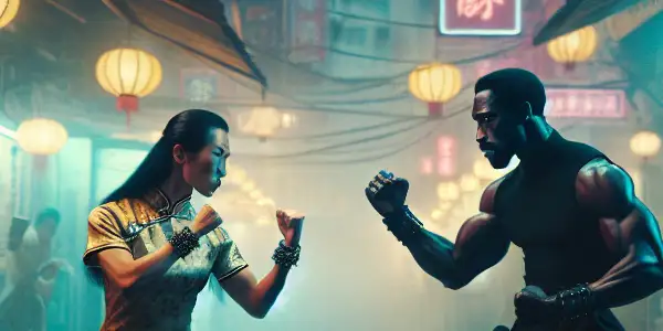 A fierce martial arts duel in a neon-lit 1970s Hong Kong alley, with skilled fighters and an engaged crowd.
